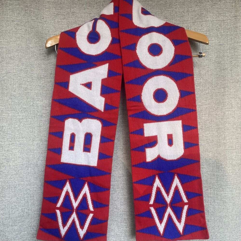 Cashmere Soccer Style Scarf Backdoor Red Blue Graphic Knit Designer Wong 8x60